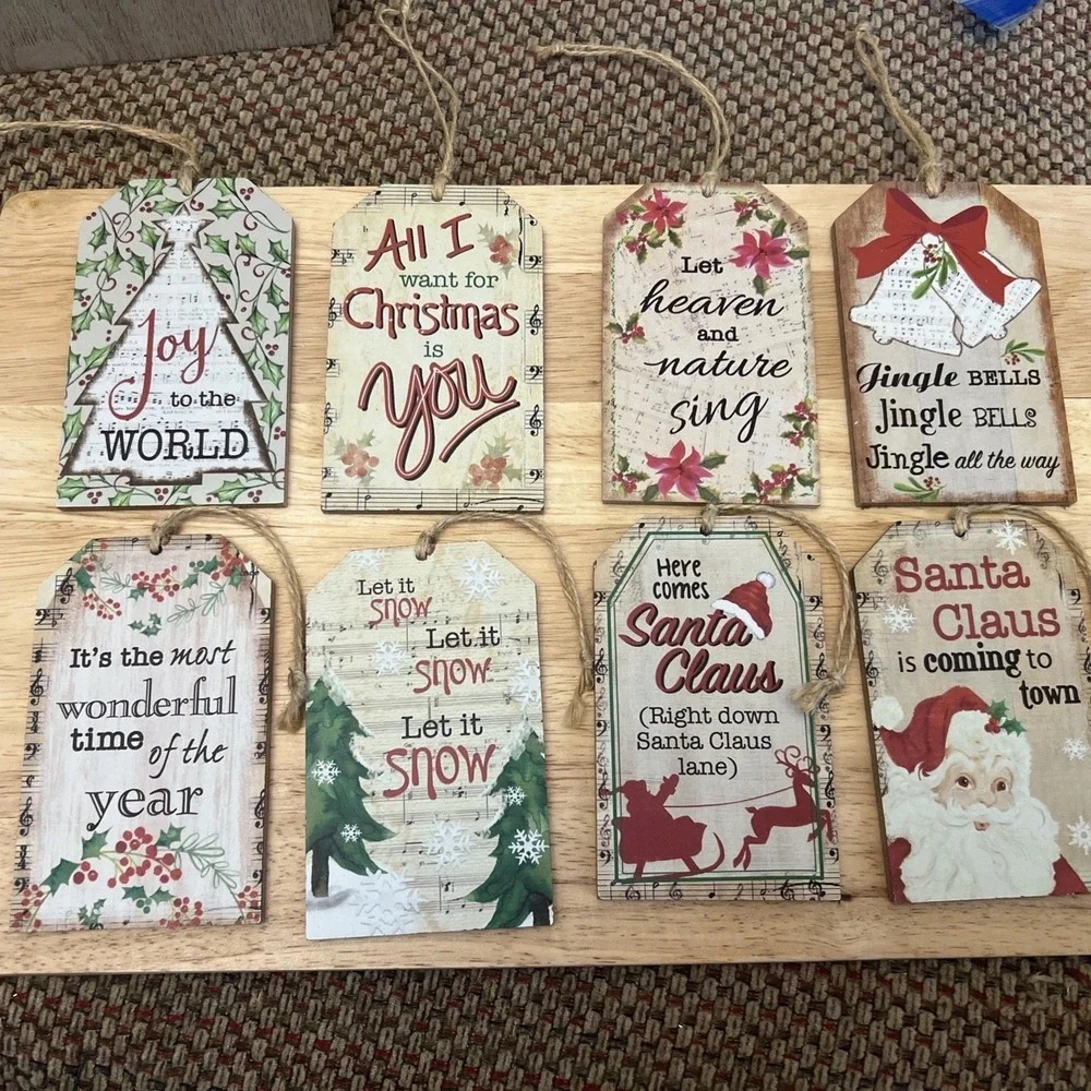 Ganz Wooden Christmas Ornaments/Decor Tags - Set of 8 Sayings Of Songs Rustic